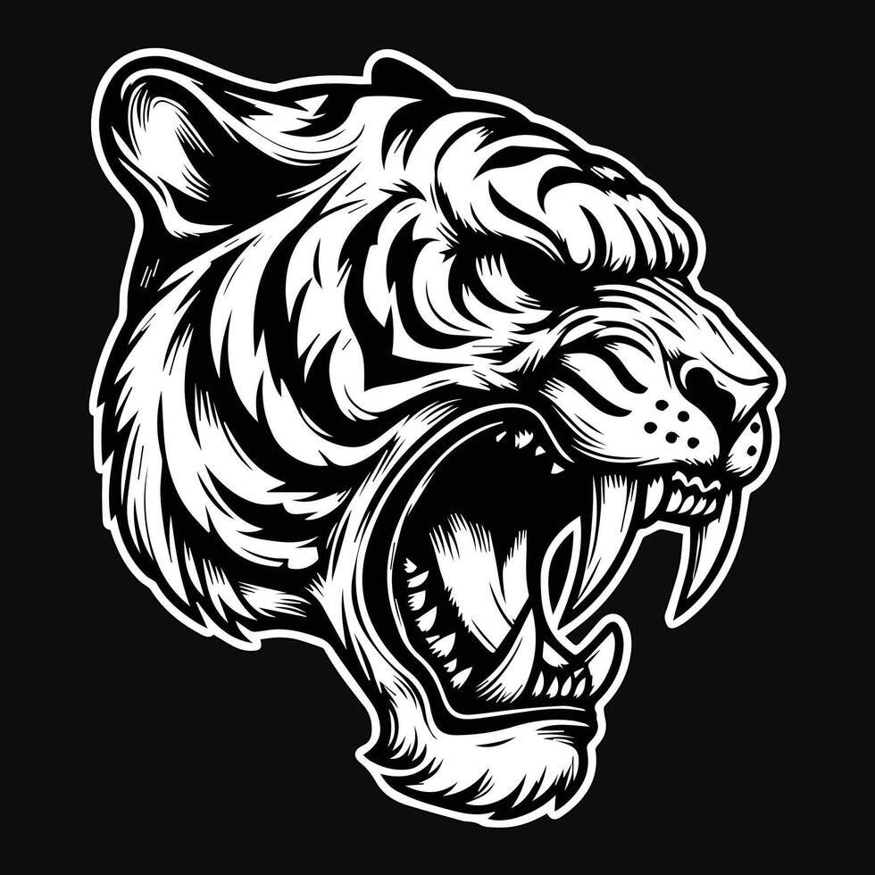 Dark Art Tiger Beast Angry Head with Sharp Fang Black and White Illustration vector