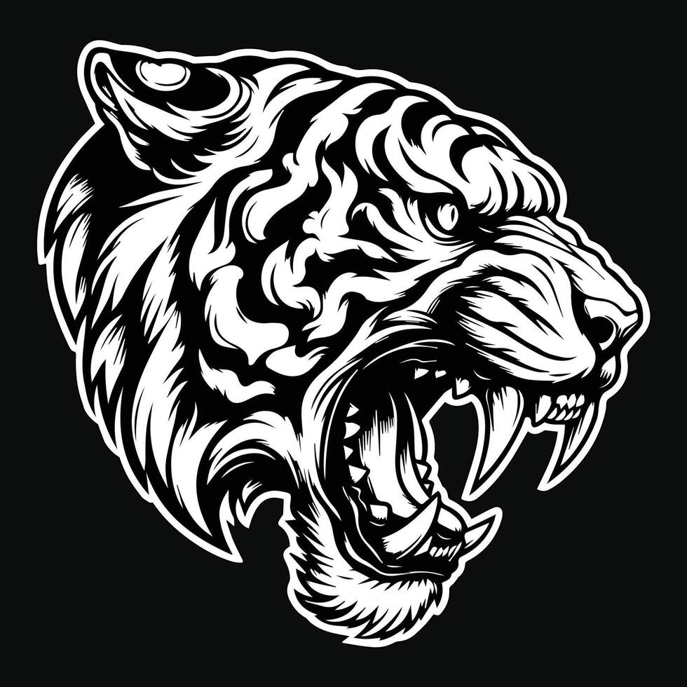 Dark Art Tiger Beast Angry Head with Sharp Fang Black and White Illustration vector