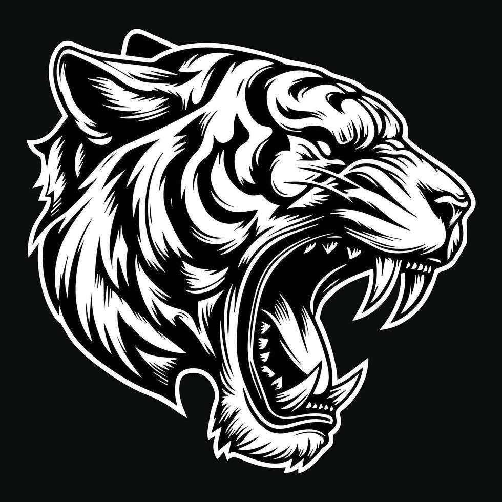 Dark Art Tiger Beast Angry Head with Sharp Fang Black and White Illustration vector