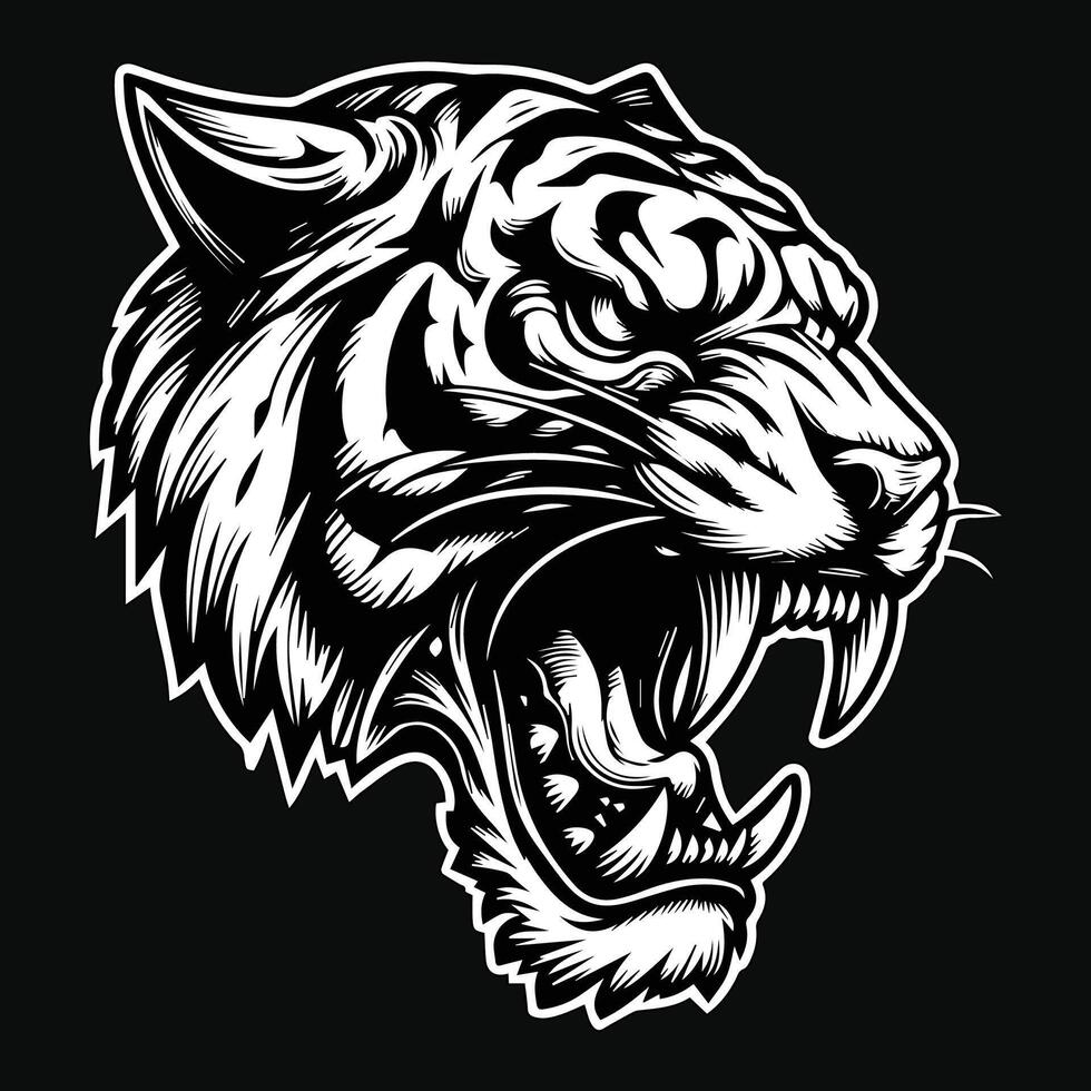 Dark Art Tiger Beast Angry Head with Sharp Fang Black and White Illustration vector