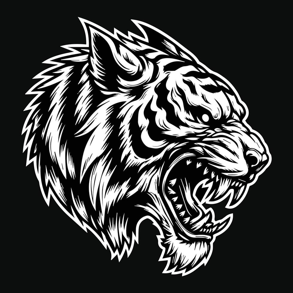Dark Art Tiger Beast Angry Head with Sharp Fang Black and White Illustration vector