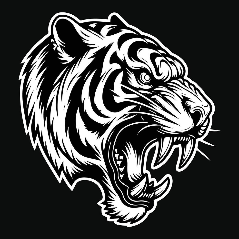 Dark Art Tiger Beast Angry Head with Sharp Fang Black and White Illustration vector