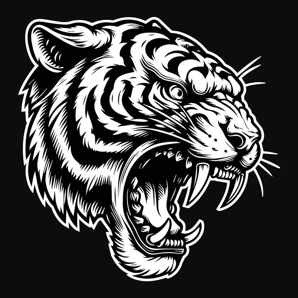 Dark Art Tiger Beast Angry Head with Sharp Fang Black and White Illustration vector