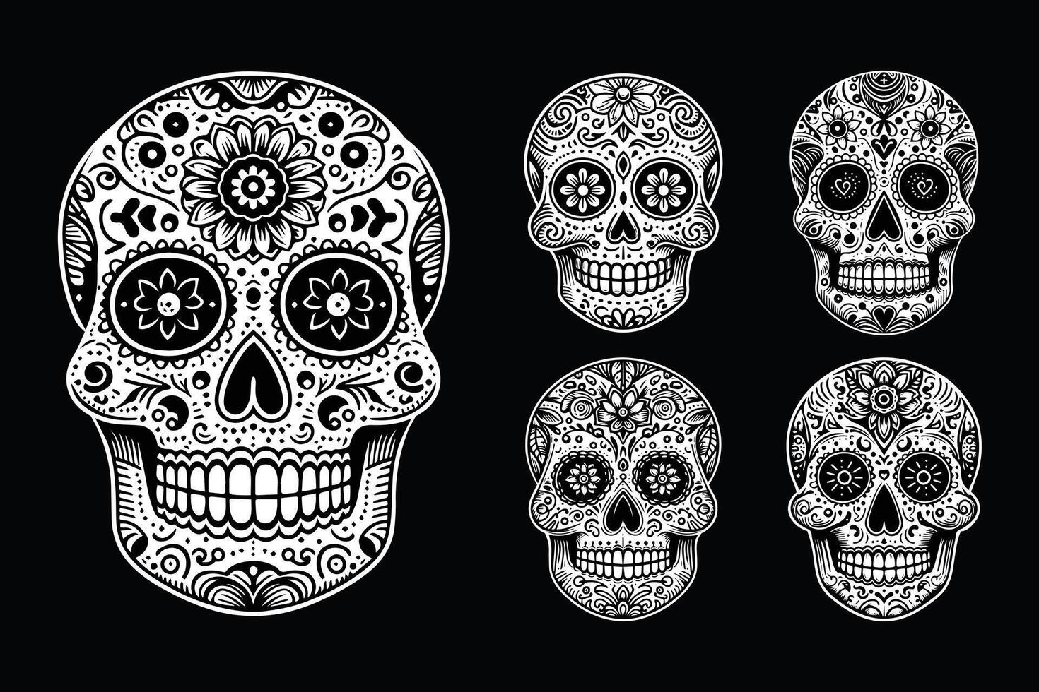 Dark Art Sugar Skull Head with Flower Black and White Illustration vector