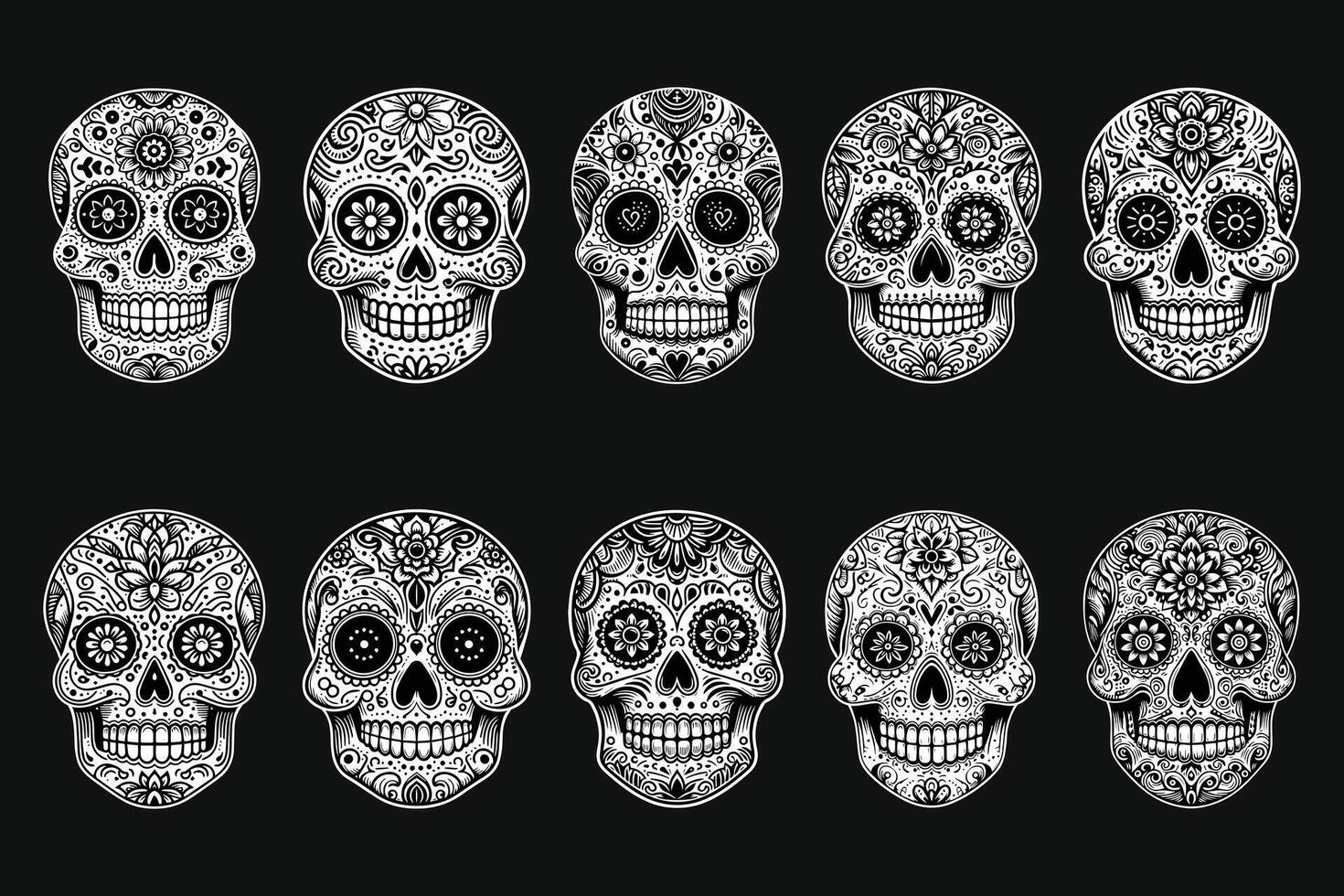 Dark Art Sugar Skull Head with Flower Black and White Illustration vector