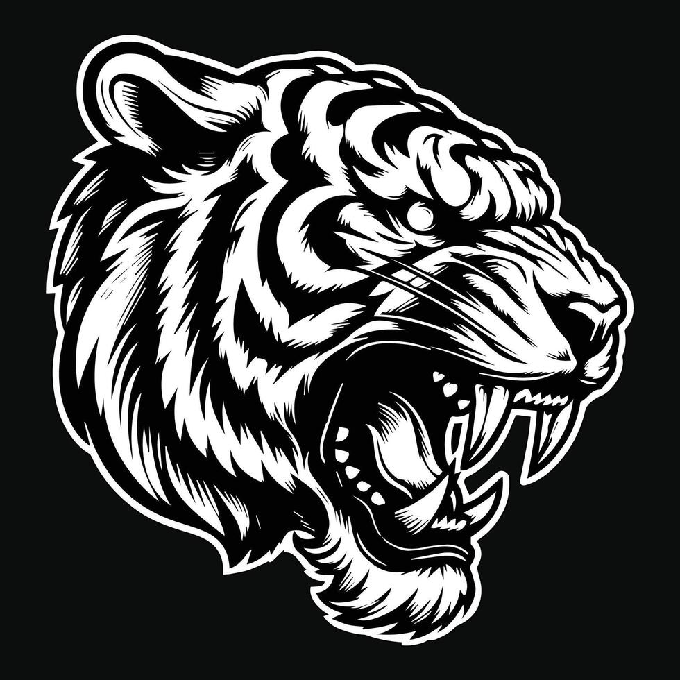 Dark Art Tiger Beast Angry Head with Sharp Fang Black and White Illustration vector