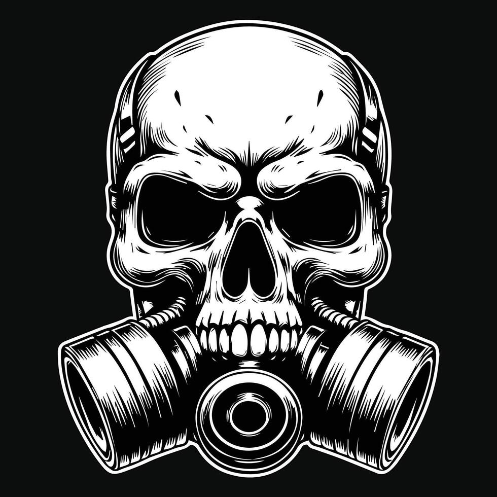 Dark Art Skull Skeleton Head Use Gas Mask Black and White Illustration vector