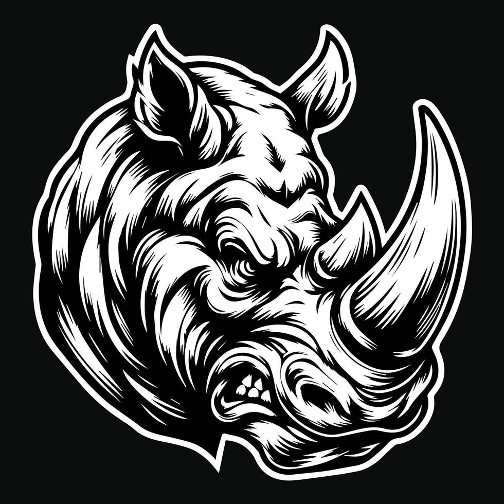 Dark Art Rhino Wild Head with Sharp Horn Black and White Illustration vector