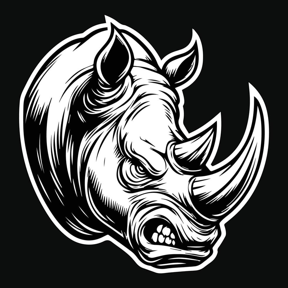 Dark Art Rhino Wild Head with Sharp Horn Black and White Illustration vector