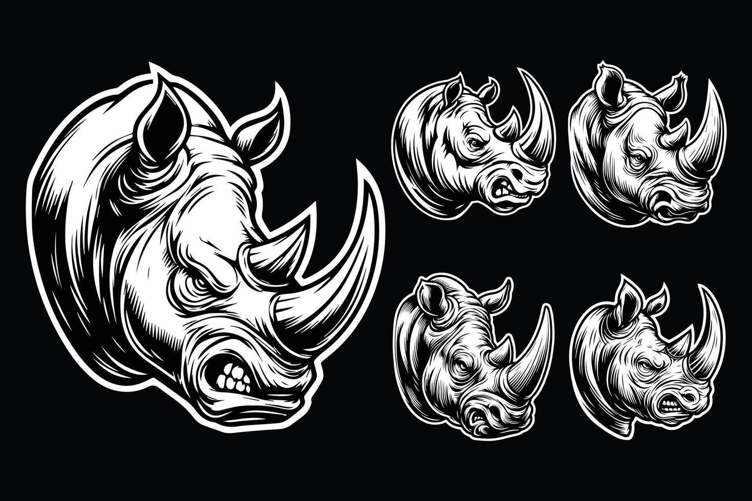 Dark Art Rhino Wild Head with Sharp Horn Black and White Illustration vector