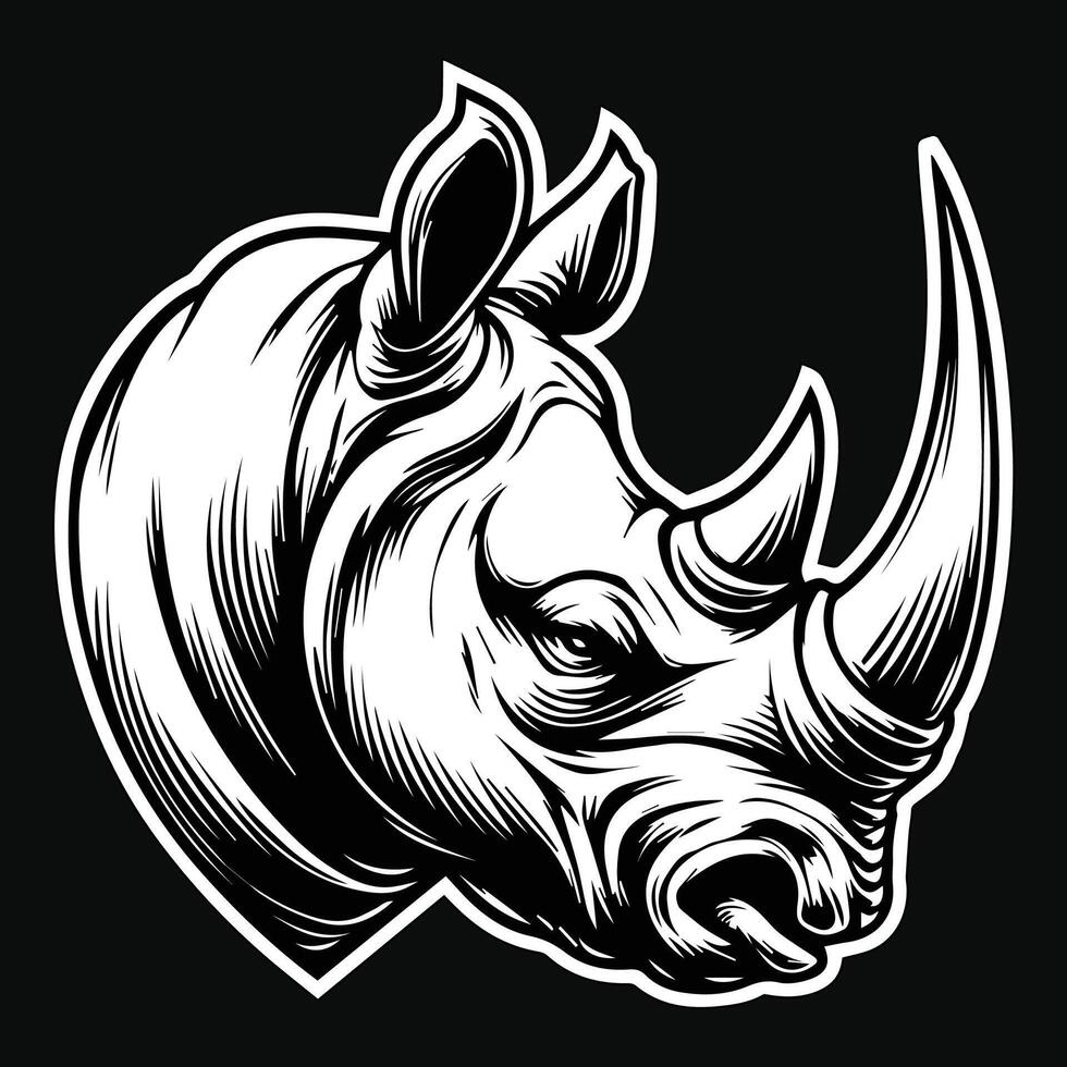 Dark Art Rhino Wild Head with Sharp Horn Black and White Illustration vector