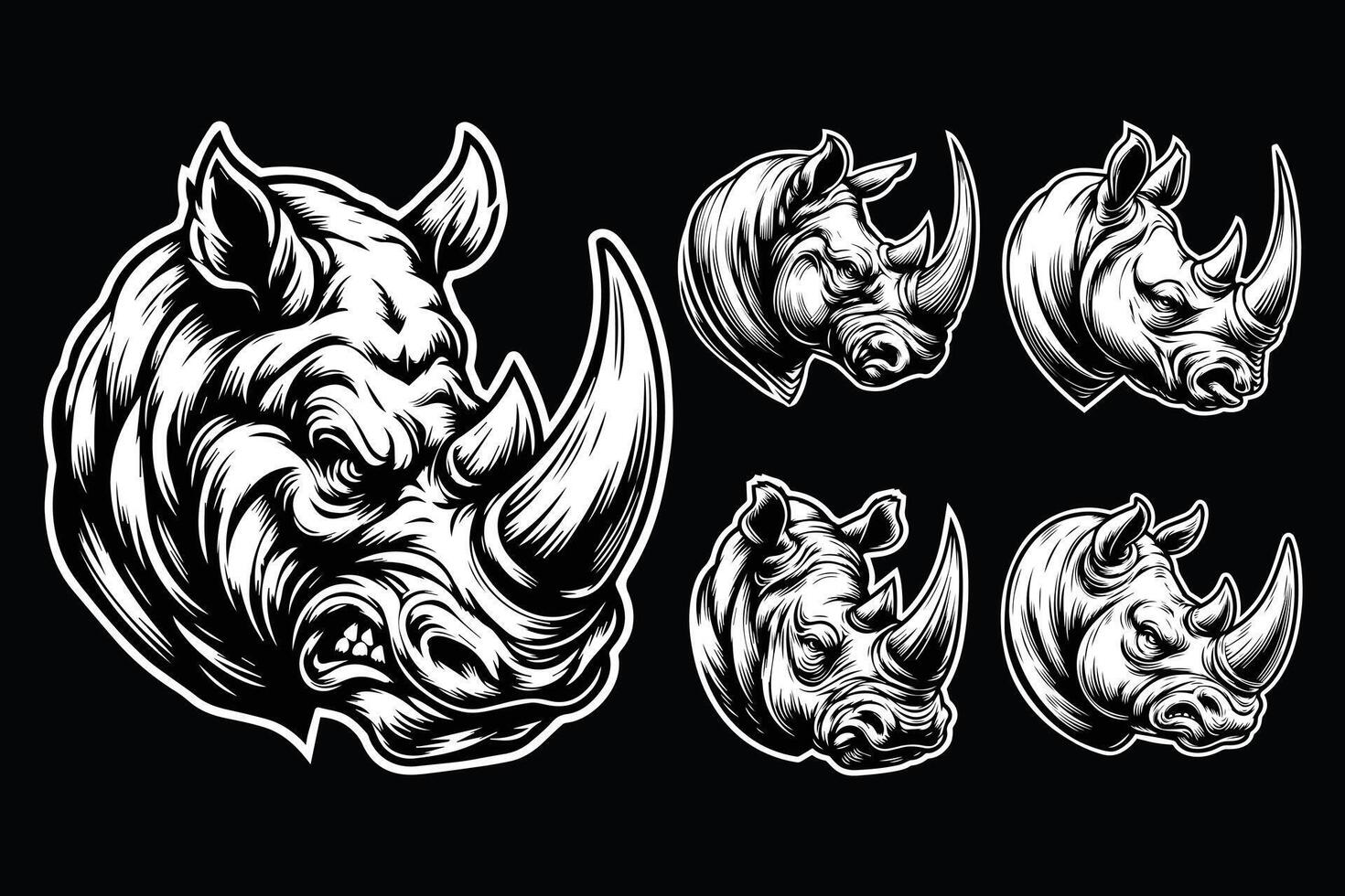 Dark Art Rhino Wild Head with Sharp Horn Black and White Illustration vector