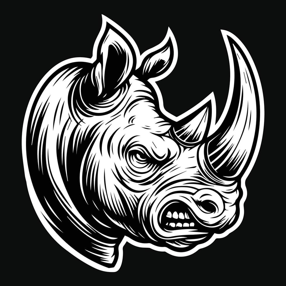 Dark Art Rhino Wild Head with Sharp Horn Black and White Illustration vector