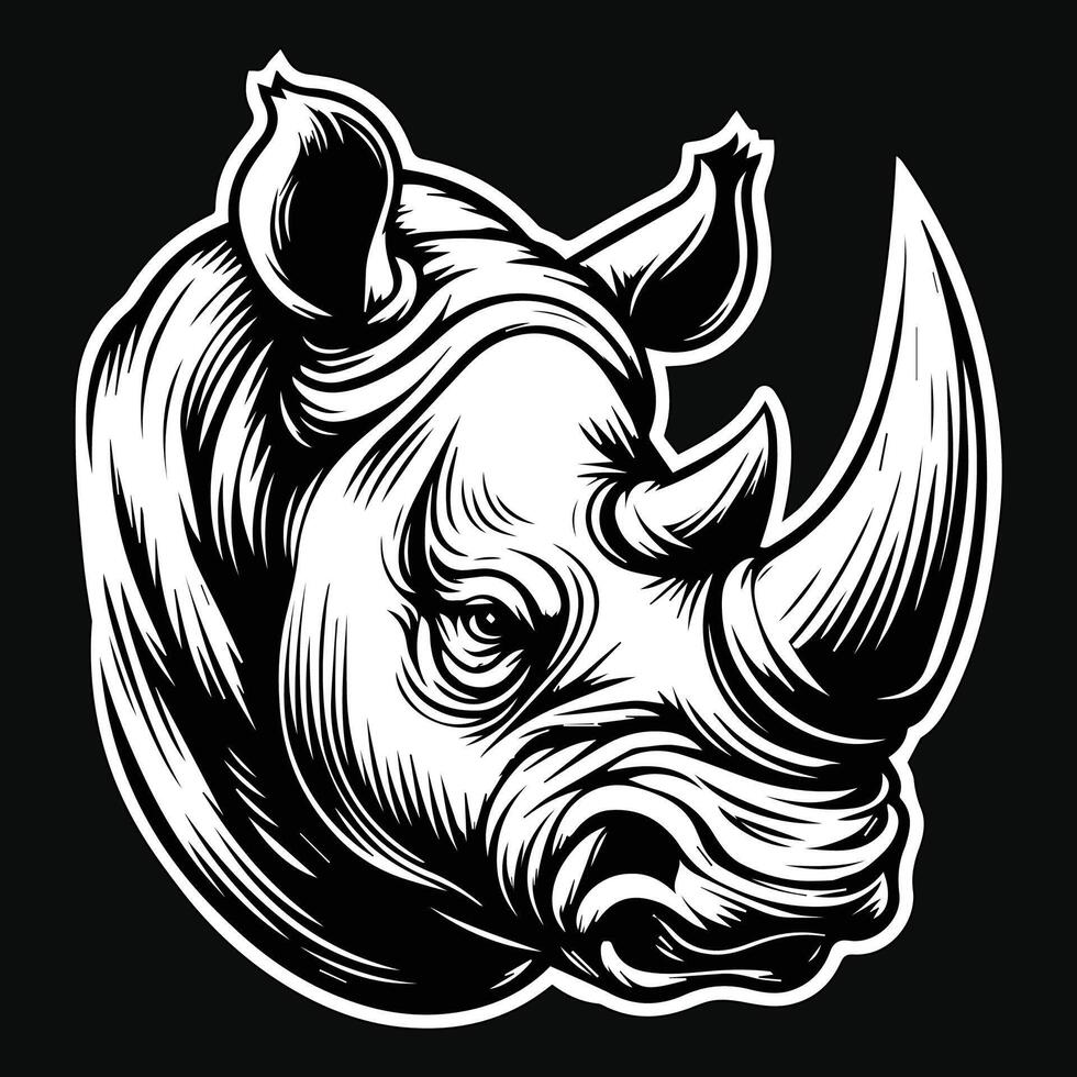 Dark Art Rhino Wild Head with Sharp Horn Black and White Illustration vector