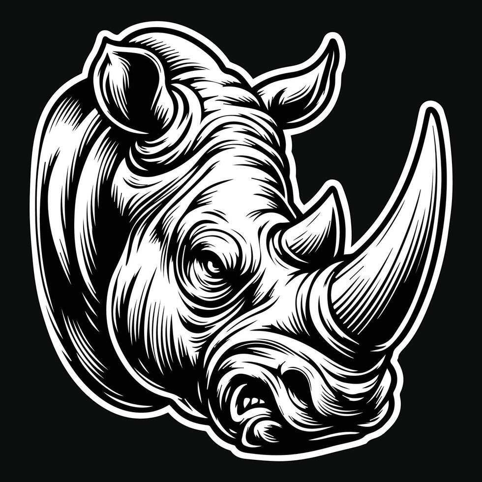 Dark Art Rhino Wild Head with Sharp Horn Black and White Illustration vector