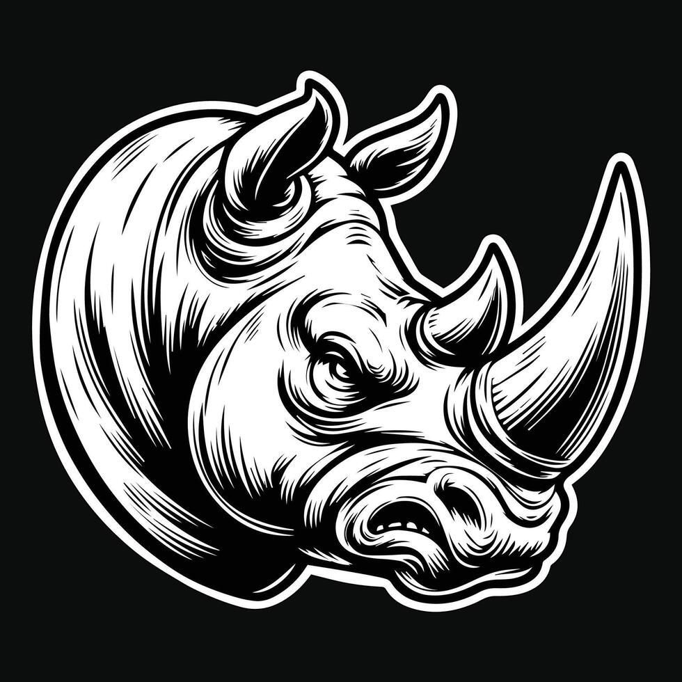 Dark Art Rhino Wild Head with Sharp Horn Black and White Illustration vector