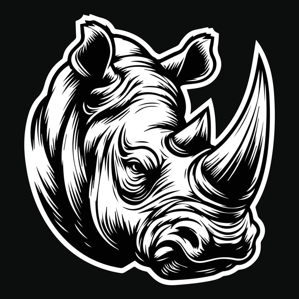 Dark Art Rhino Wild Head with Sharp Horn Black and White Illustration vector