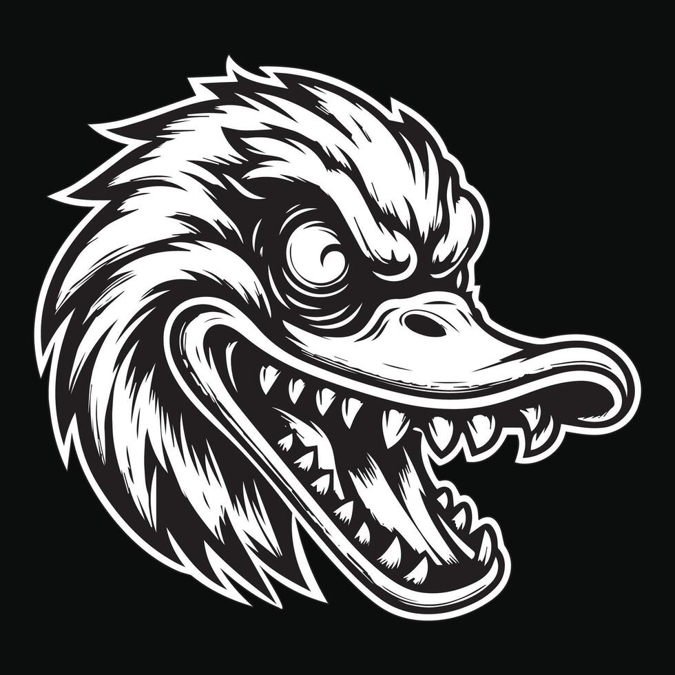Dark Art Angry Scary Duck Head with Sharp Teeth Black and White Illustration vector