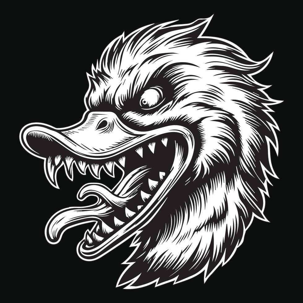 Dark Art Angry Scary Duck Head with Sharp Teeth Black and White Illustration vector