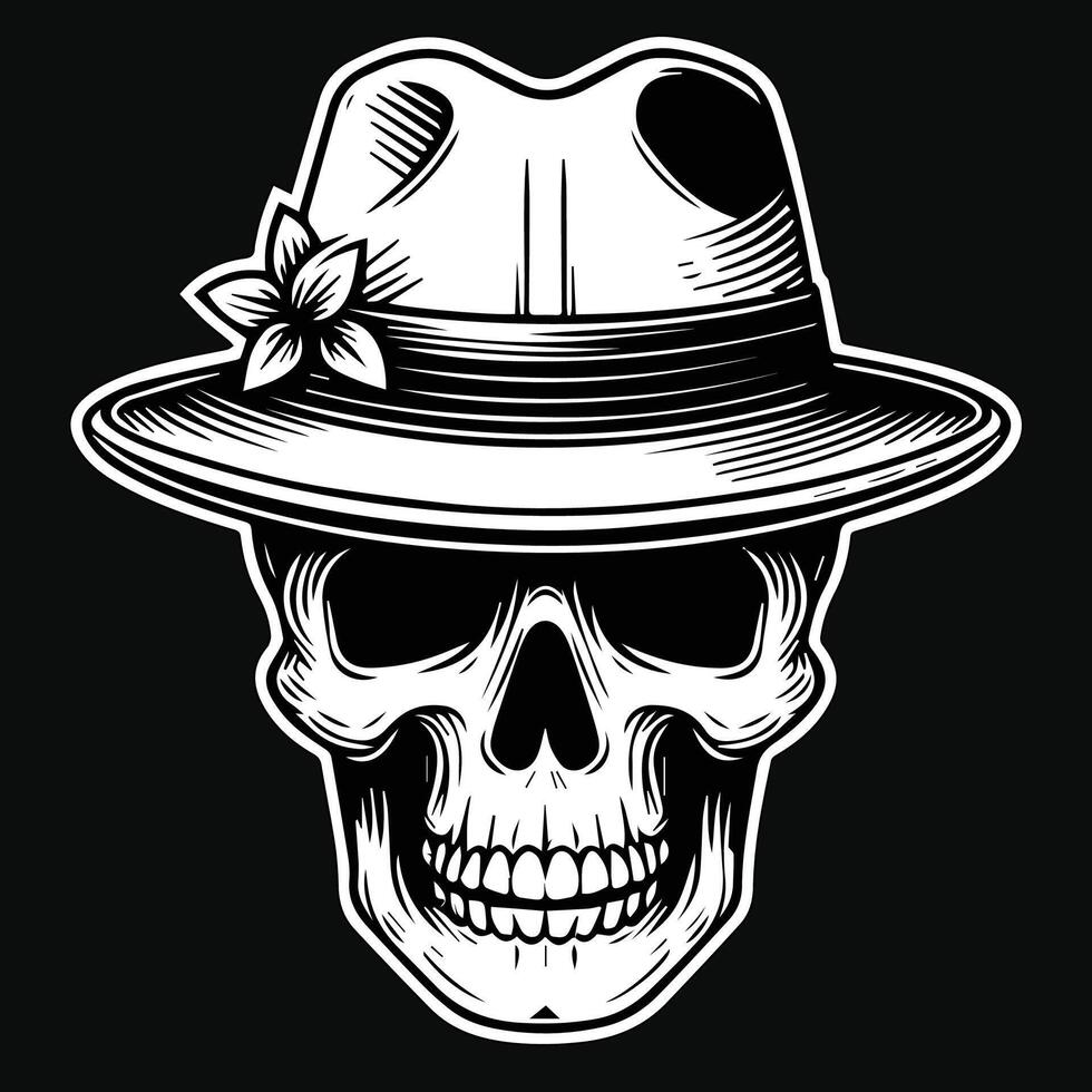 Dark Art Gentleman Skull Head with Hat Black and White Illustration vector