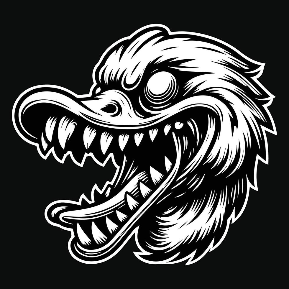 Dark Art Angry Scary Duck Head with Sharp Teeth Black and White Illustration vector