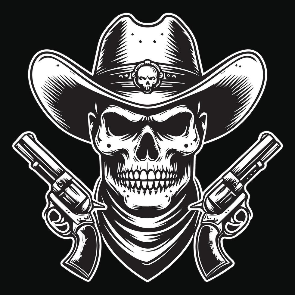 Dark Art Cowboy Skull Head with Double Gun and Hat Black and White Illustration vector