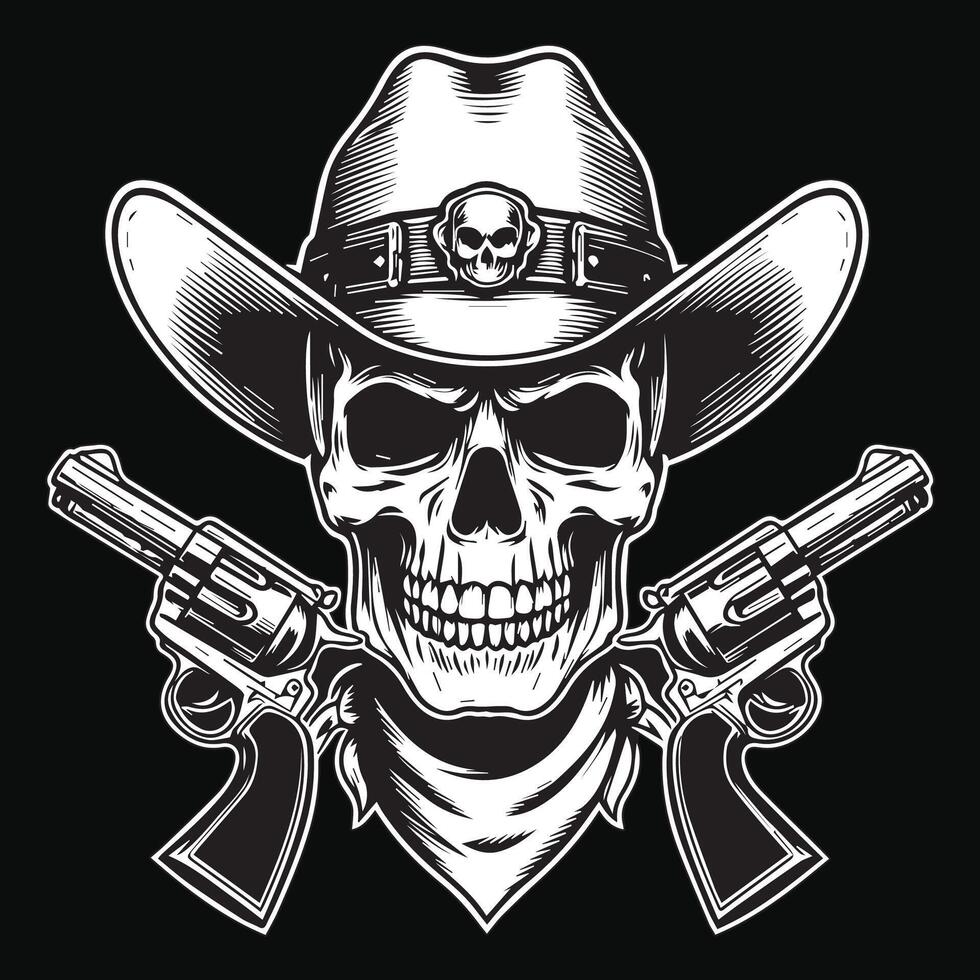 Dark Art Cowboy Skull Head with Double Gun and Hat Black and White Illustration vector