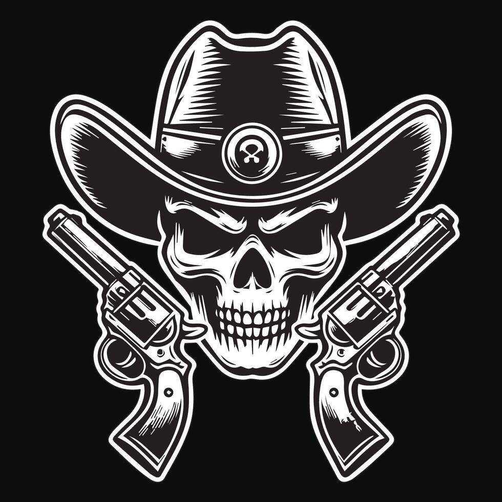 Dark Art Cowboy Skull Head with Double Gun and Hat Black and White Illustration vector