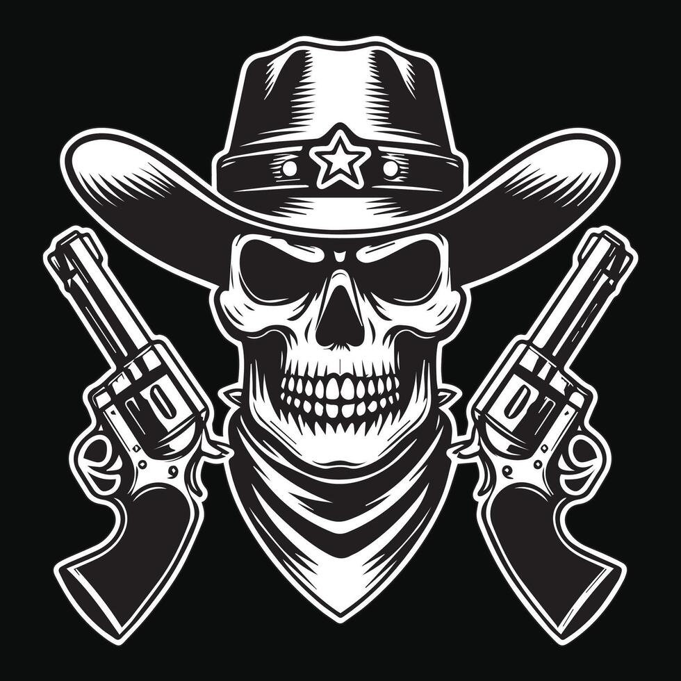 Dark Art Cowboy Skull Head with Double Gun and Hat Black and White Illustration vector