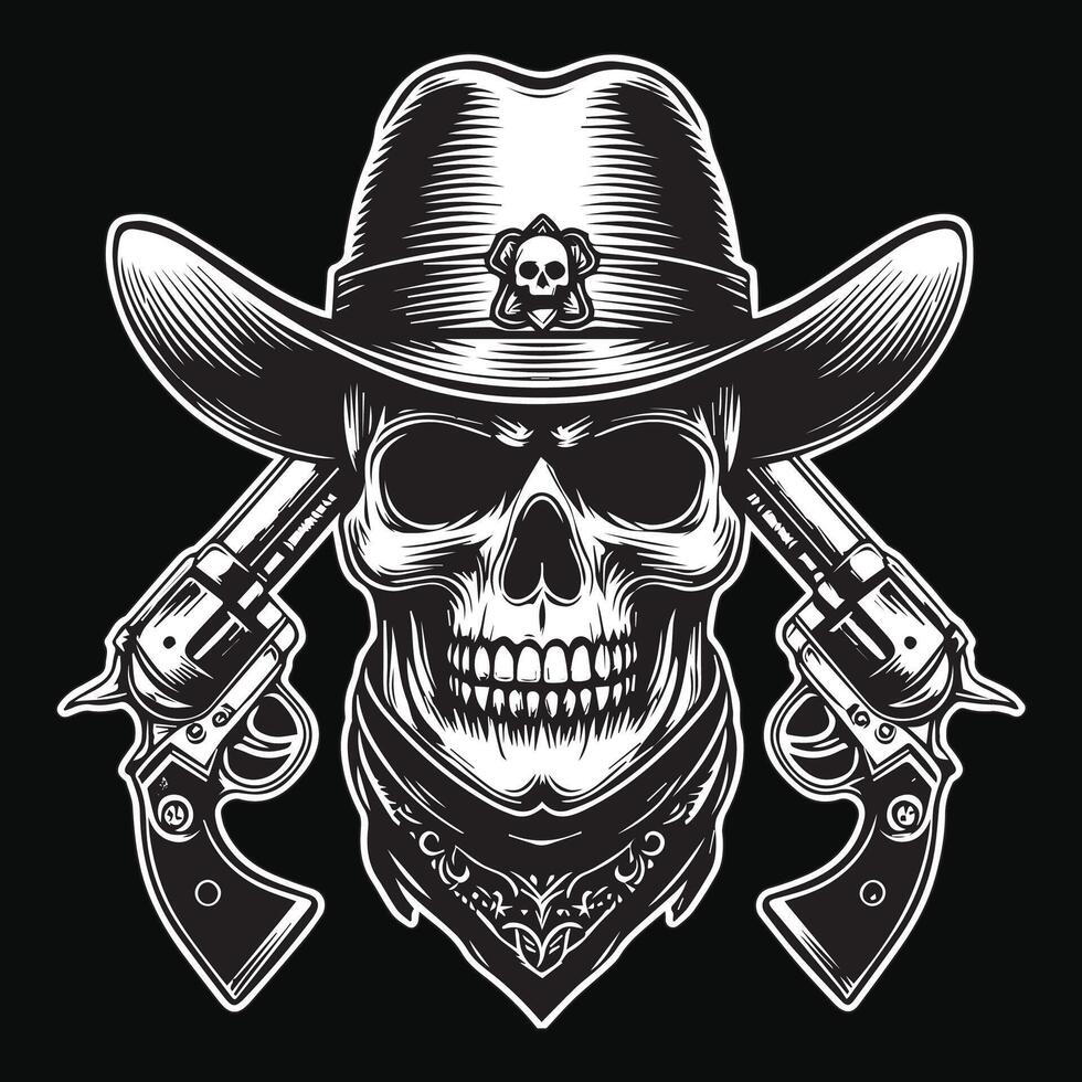 Dark Art Cowboy Skull Head with Double Gun and Hat Black and White Illustration vector