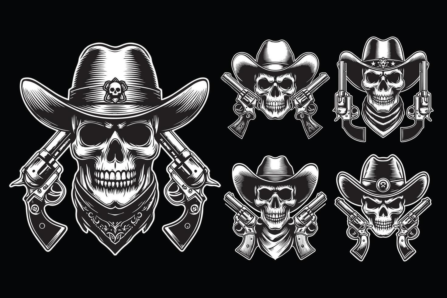 Dark Art Cowboy Skull Head with Double Gun and Hat Black and White Illustration vector