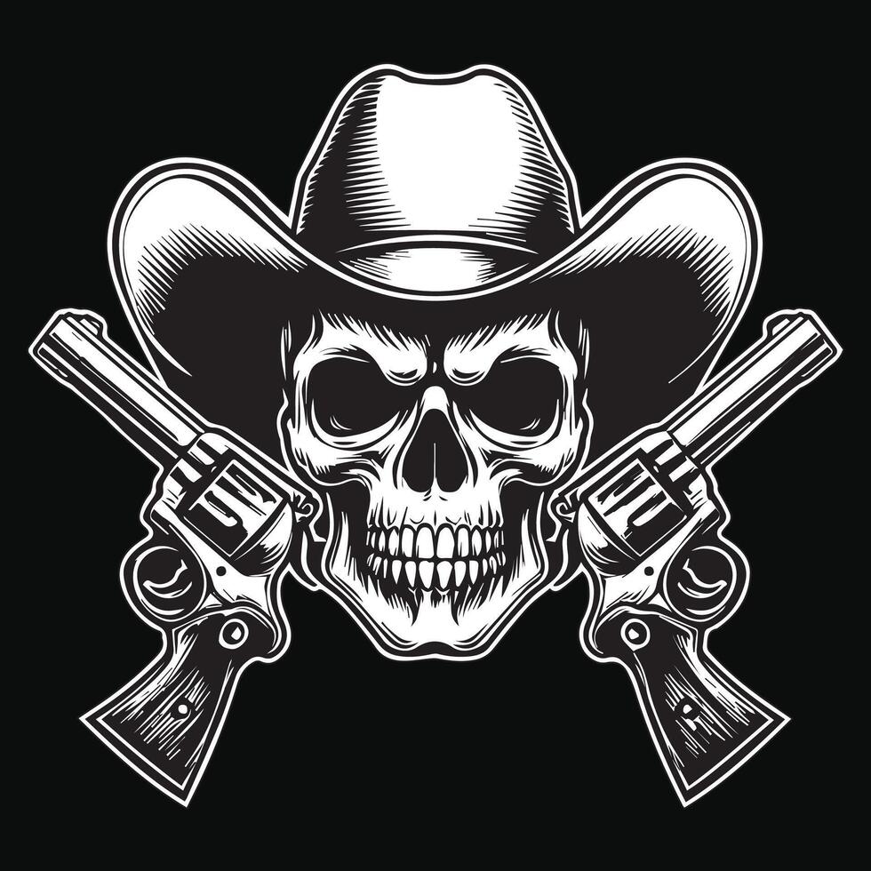 Dark Art Cowboy Skull Head with Double Gun and Hat Black and White Illustration vector