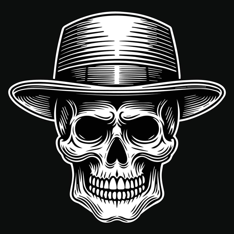 Dark Art Gentleman Skull Head with Hat Black and White Illustration vector