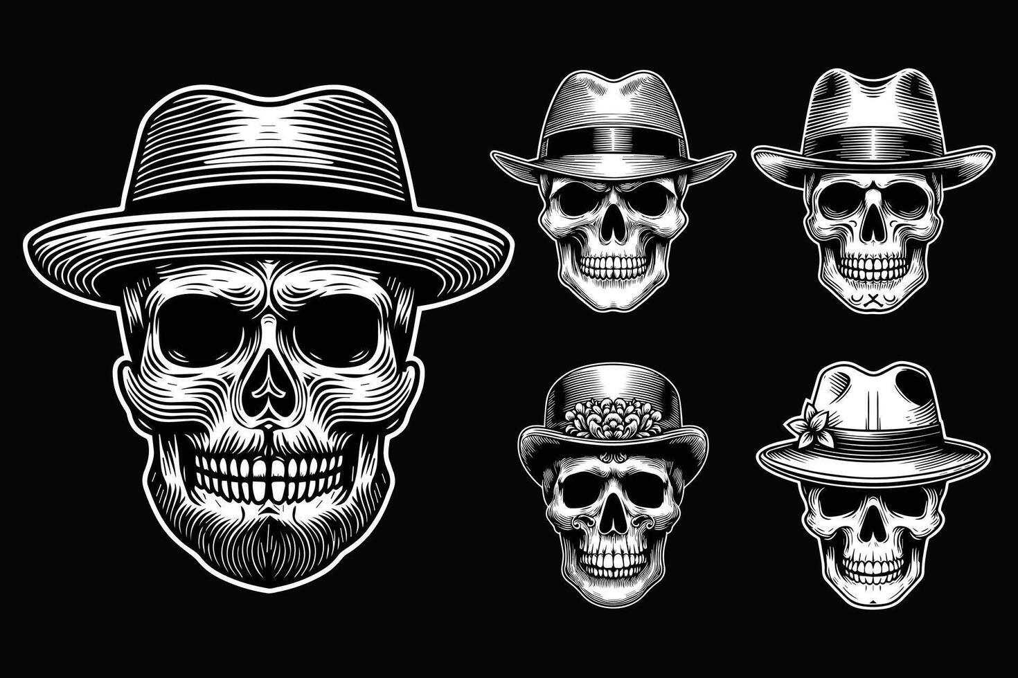 Dark Art Gentleman Skull Head with Hat Black and White Illustration vector