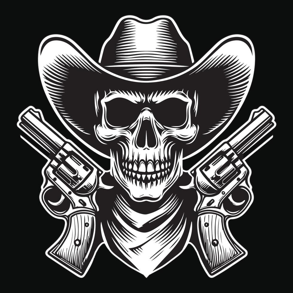Dark Art Cowboy Skull Head with Double Gun and Hat Black and White Illustration vector