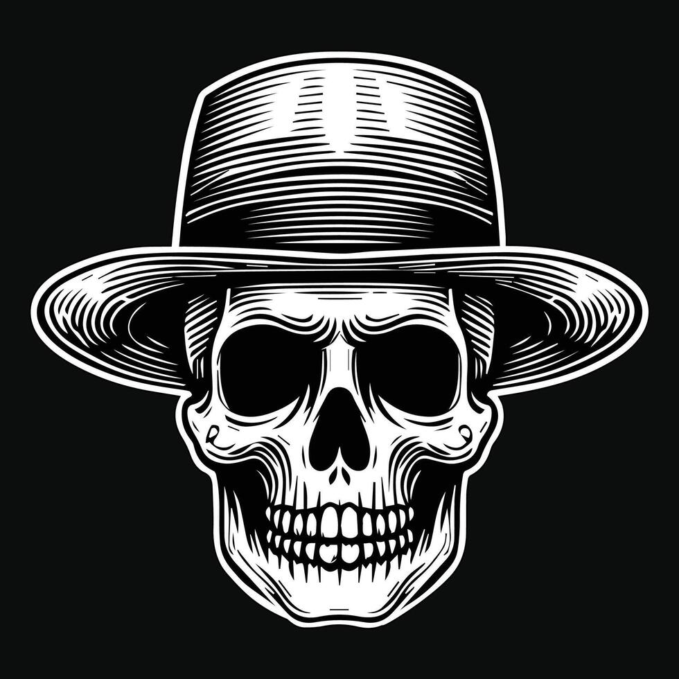 Dark Art Gentleman Skull Head with Hat Black and White Illustration vector