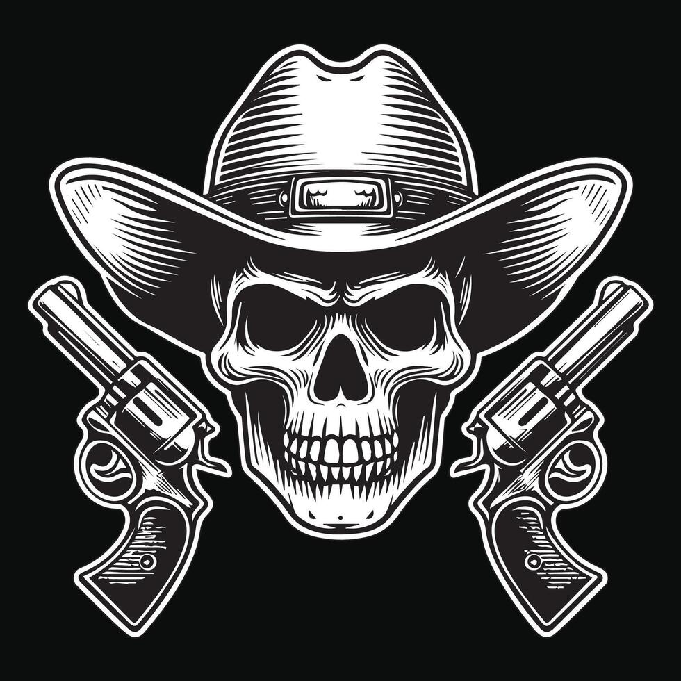 Dark Art Cowboy Skull Head with Double Gun and Hat Black and White Illustration vector