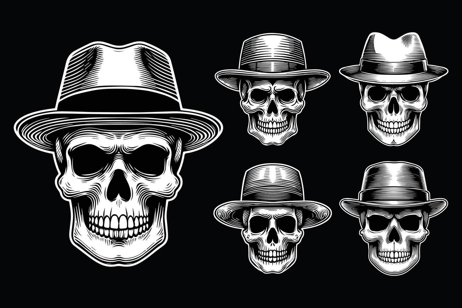 Dark Art Gentleman Skull Head with Hat Black and White Illustration vector