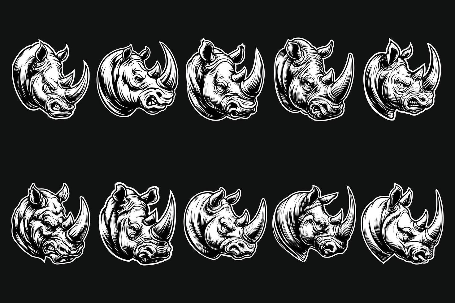Dark Art Rhino Wild Head with Sharp Horn Black and White Illustration vector