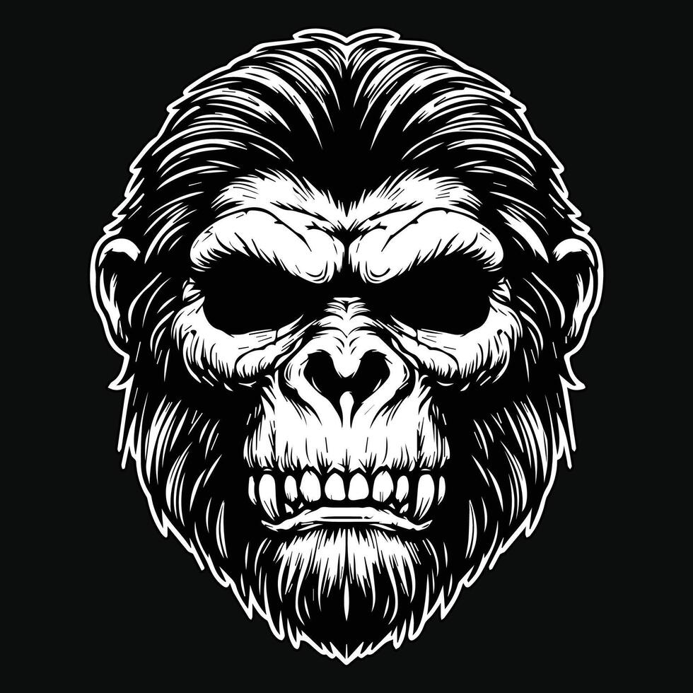 Dark Art Creepy Monkey Skull Head Black and White Illustration vector