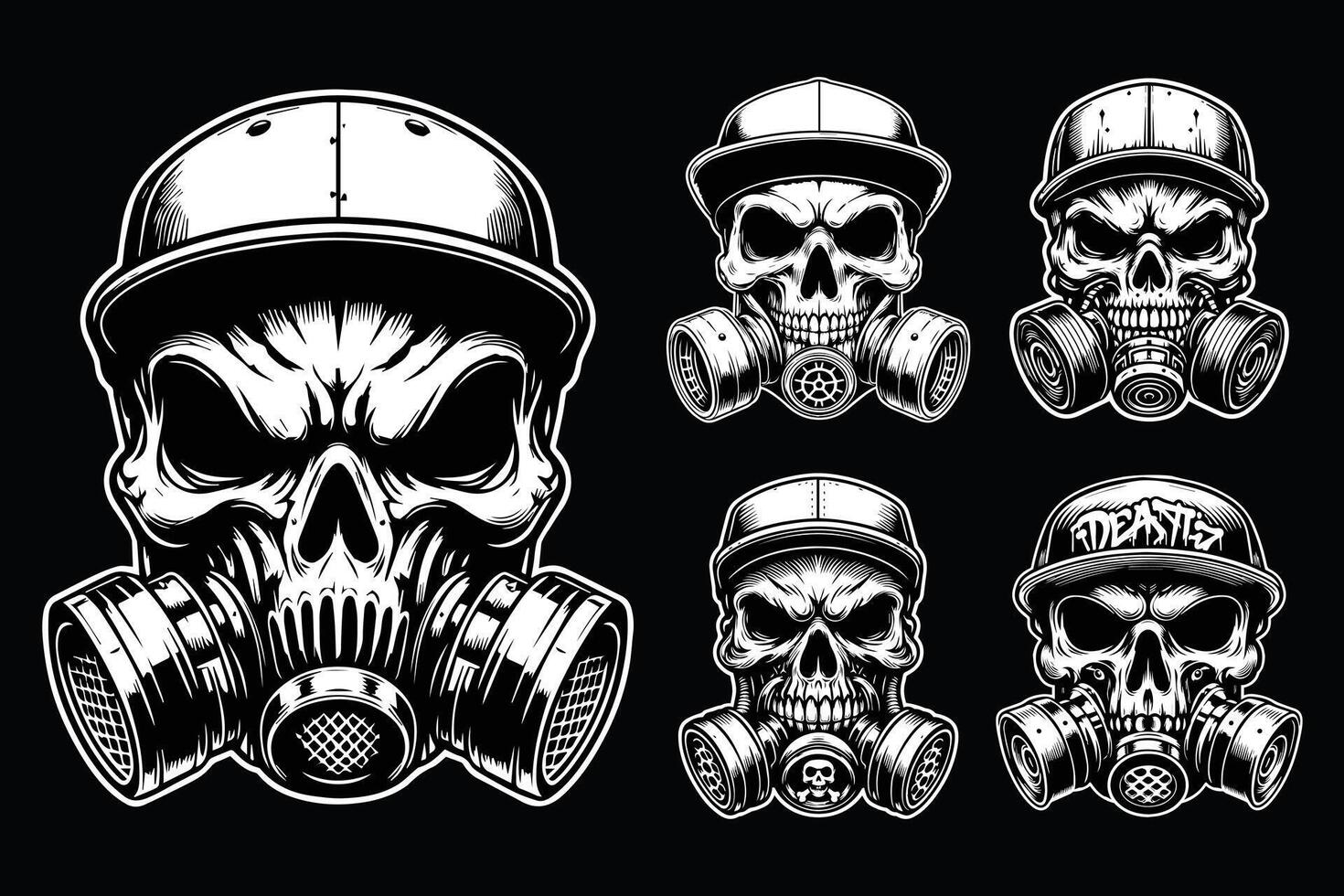 Dark Art Gangster Skull Head Use Gas Mask and Cap Hat Black and White Illustration vector