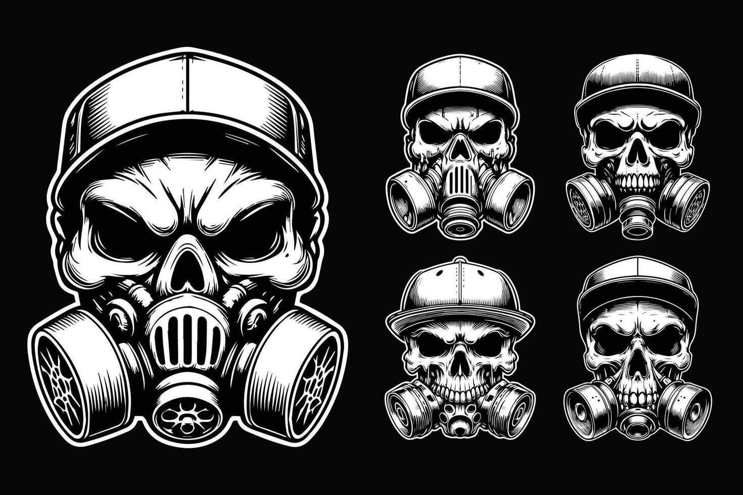 Dark Art Gangster Skull Head Use Gas Mask and Cap Hat Black and White Illustration vector