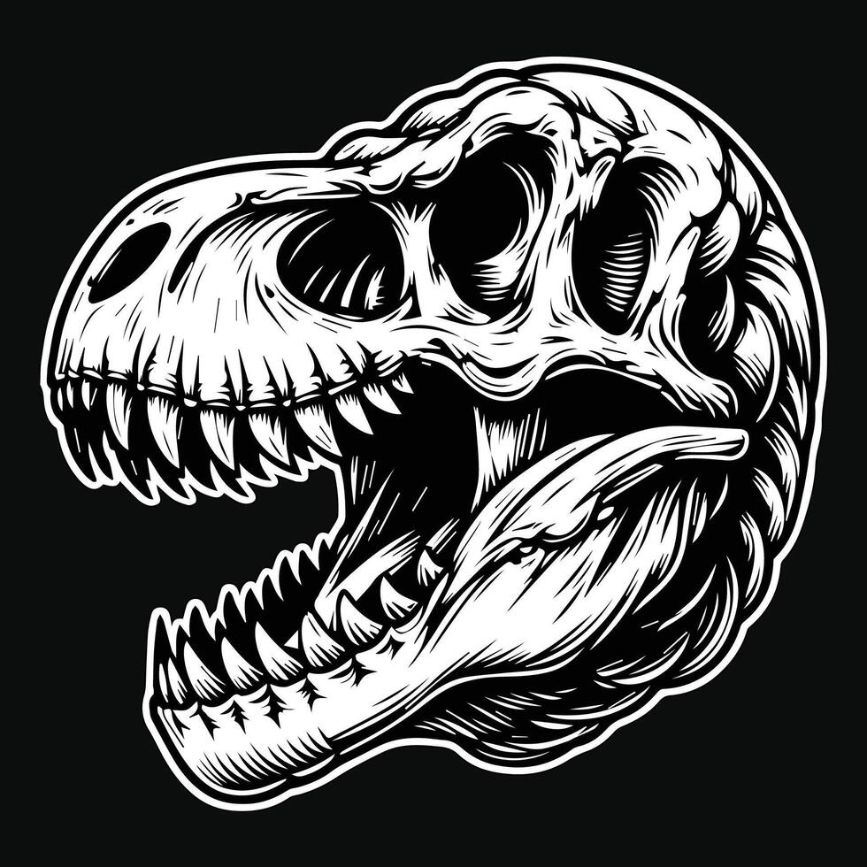 Dark Art Beast Vicious Tyrannosaurus Rex Angry Skull Head Black and White Illustration vector