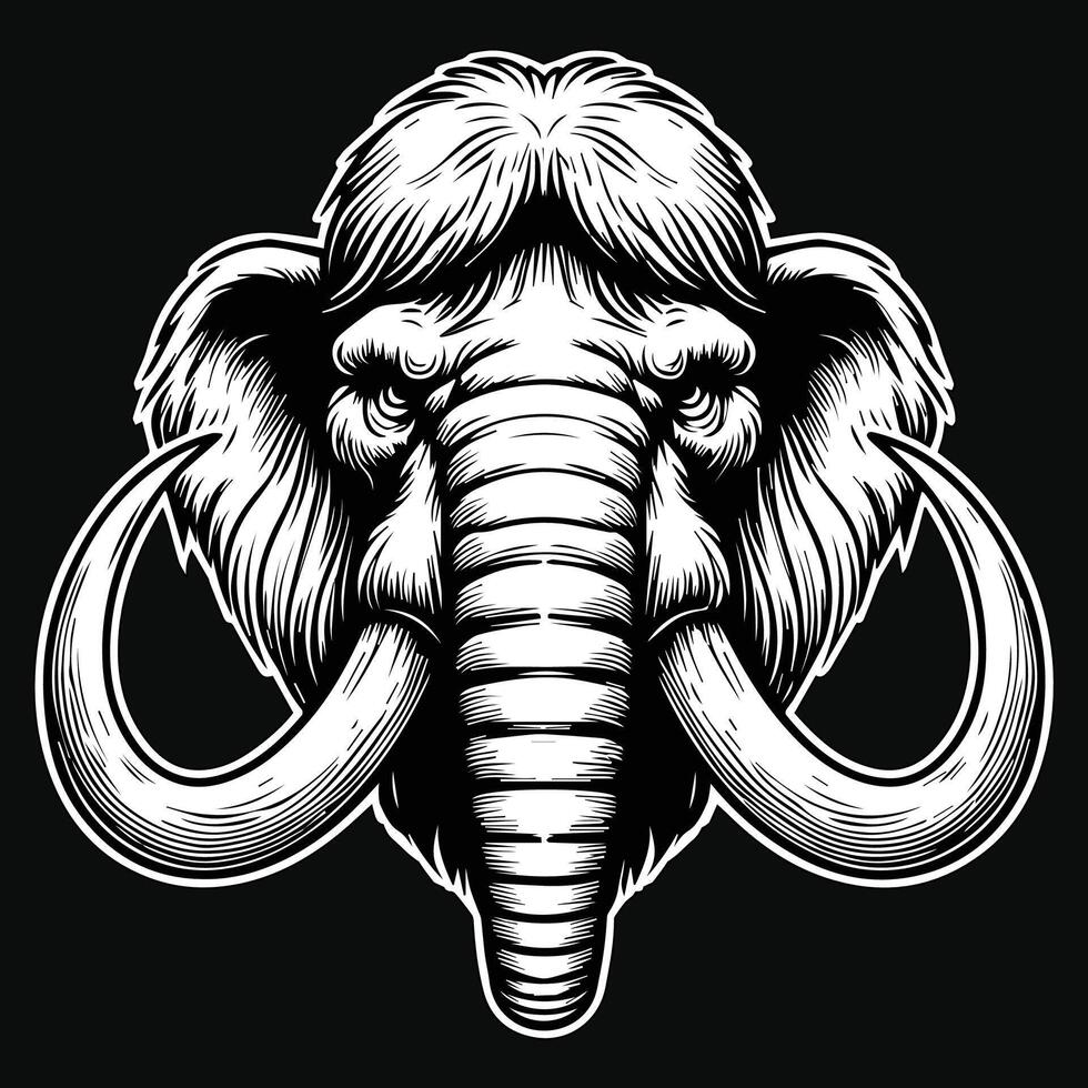 Dark Art Beast Mammoths Head with Long Tusks Black and White Illustration vector