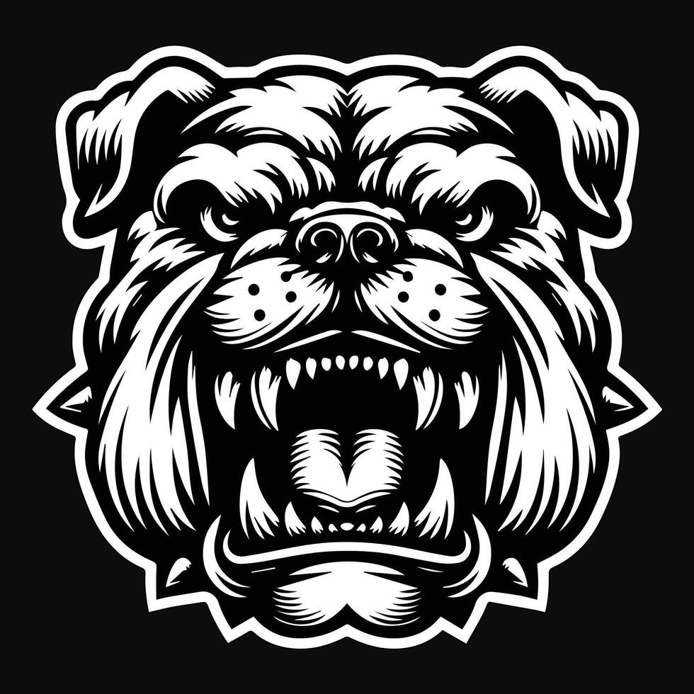 Dark Art Vicious Angry Beast Bulldog Head with Sharp Teeth Black and White Illustration vector