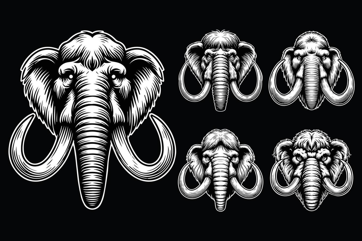 Dark Art Beast Mammoths Head with Long Tusks Black and White Illustration vector