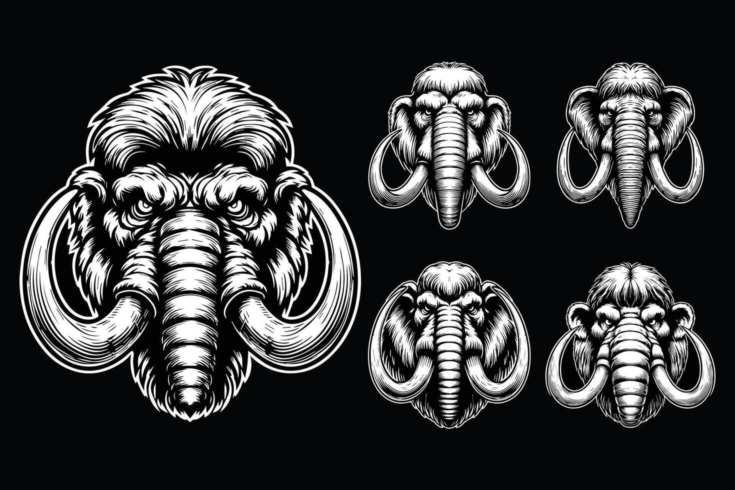 Dark Art Beast Mammoths Head with Long Tusks Black and White Illustration vector