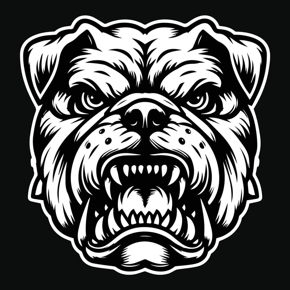 Dark Art Vicious Angry Beast Bulldog Head with Sharp Teeth Black and White Illustration vector