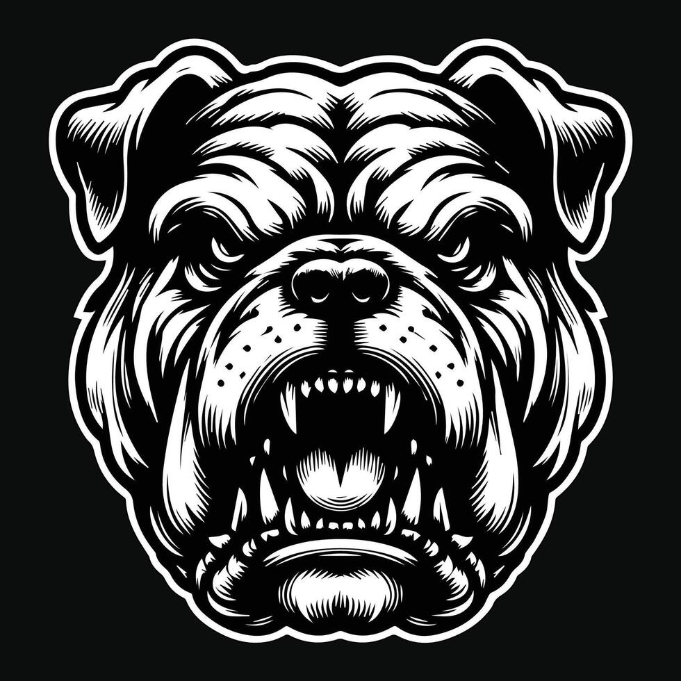 Dark Art Vicious Angry Beast Bulldog Head with Sharp Teeth Black and White Illustration vector