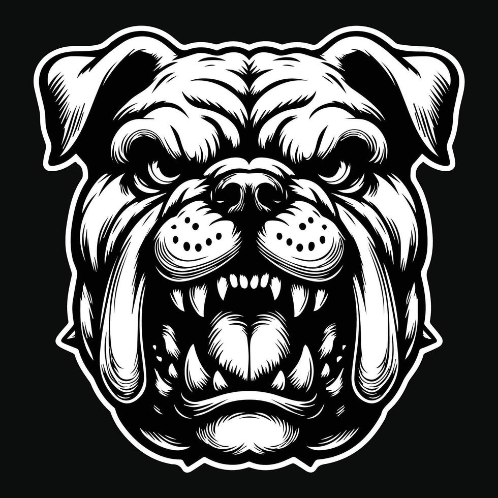 Dark Art Vicious Angry Beast Bulldog Head with Sharp Teeth Black and White Illustration vector